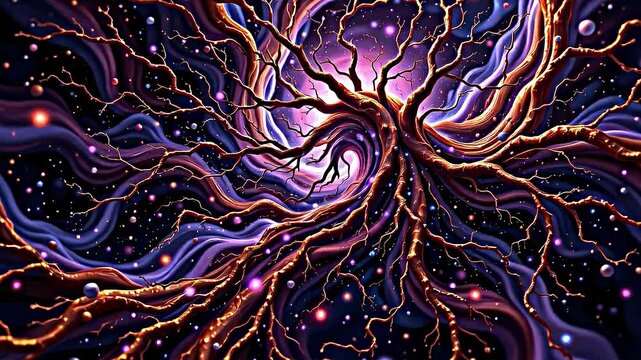 intricate visual composition that appears blend organic cosmic elements center swirling vortex vibrant colors radiates outward resembling tendrils tree neural network tendrils intertwined glowing.