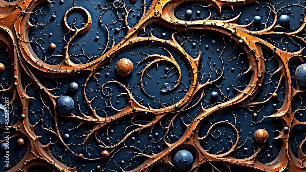 Aufkleber intricate abstract composition intertwining organic structures shades orange blue against dark backg