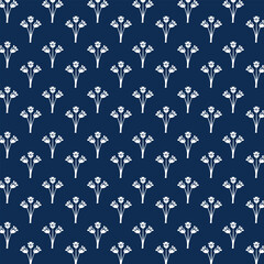 Small white flowers pattern doodle shapes motif continuous blue background. Modern floral fabric design textile swatch ladies dress, men's shirt all over print block.