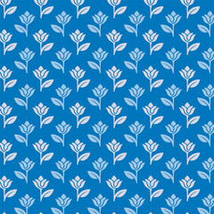 Fototapeta premium Small white flowers pattern doodle shapes motif continuous blue background. Modern floral fabric design textile swatch ladies dress, men's shirt all over print block.