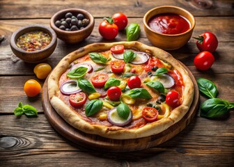 Delicious Pizza with Toppings and Dipping Sauce on Rustic Wooden Table - Stock Photo