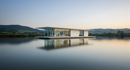 Obraz premium Modern Floating House on Calm Lake: Stunning Architecture Design