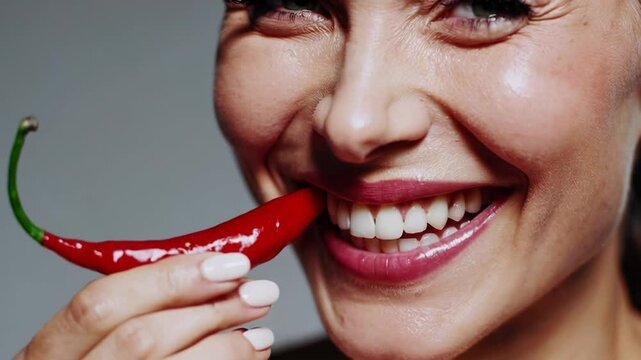 Sensual Female Smile Holding Chili