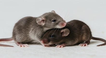 Two Young House Mice Nestled Together on White Backdrop with Soft Grey and Brown Fur in Portrait
