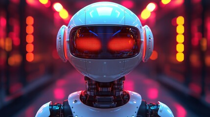 Futuristic robot with glowing eyes in a neon-lit corridor, showcasing advanced technology and design