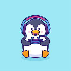 Vector illustration of cute cartoon penguin holding joystick and wearing headphone. Animal and technology icon concept Isolated. Baby penguin in flat cartoon style.