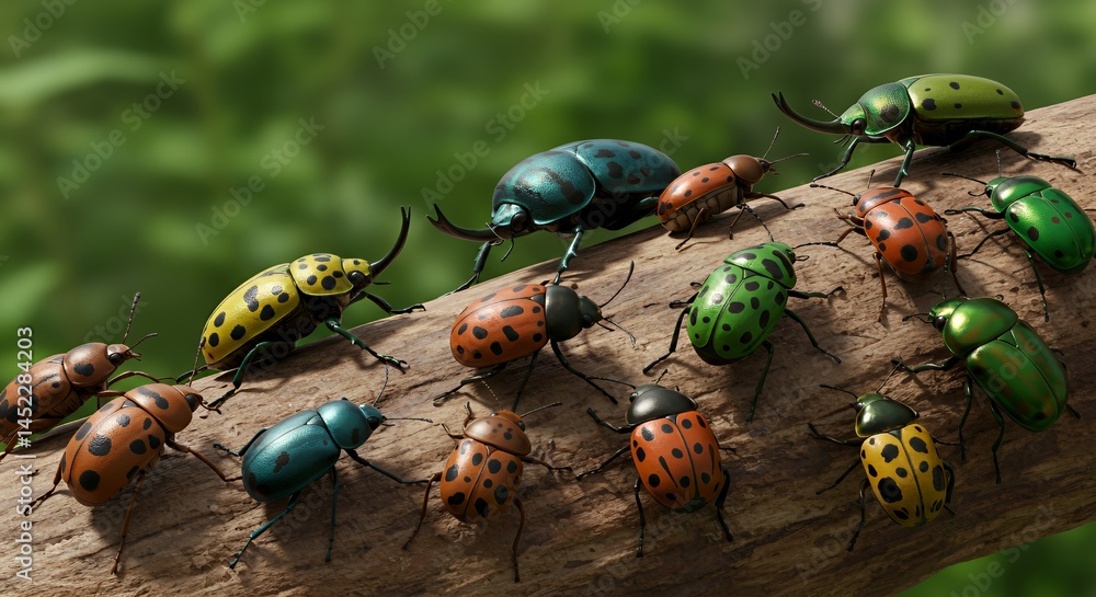 Poster vibrant beetles on decaying log featuring diverse colors and patterns in lush green forest dynamic m