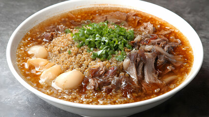 A bowl of savory soup with grains, meat, and eggs.  Delicate, flavorful broth, garnished with scallions.  Meat pieces, likely duck or goat, are visible