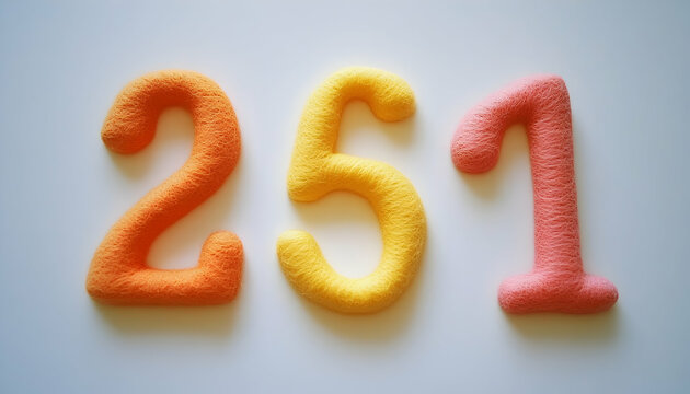 Handmade numbers 251 in colorful felt