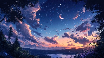 Fototapeta premium A beautiful night sky with a crescent moon and stars illustration atmosphere landscape.