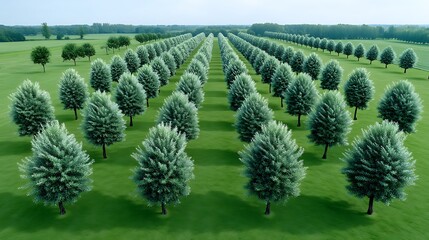 Serene Rows of Trees with Lush Green Field, and Aerial View.