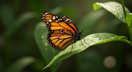 Fototapeta premium Vibrant Monarch Butterfly Perched on Dew Kissed Leaf with Intricate Wing Details Displaying Orange and Black Hues Accented with Shimmering Gold Dust Under Soft Dappled Sunlight