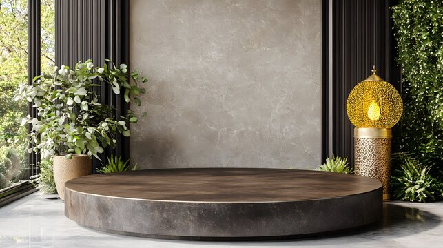 Modern Round Wooden Display Platform with Plants and Lamp