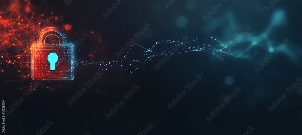 Poster futuristic digital banner with holographic lock icon and binary stream on a dark background.