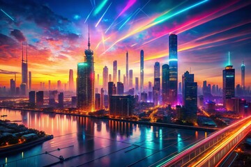 Obraz premium Digital Landscape: Futuristic Glitch Cityscape at Sunset, Generative AI Art
