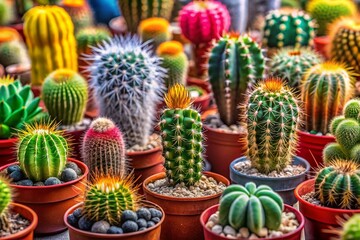 Fototapeta premium Diverse Desert Cactus Collection: Arid Plants, Succulents, Spines, Botanical Photography