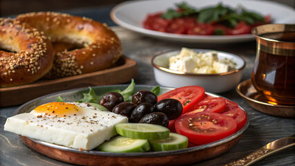 Traditional Turkish Breakfast  &ndash; Authentic Kahvaltı Spread with Cheese, Olives, Simit, Menemen, and Tea on White Background