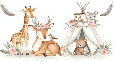 Obraz premium Watercolor Illustration of Baby Deer with Floral Antlers and Animal Friends Featuring Giraffe, Owl and Bear for Nursery Decor and Woodland Themed Parties