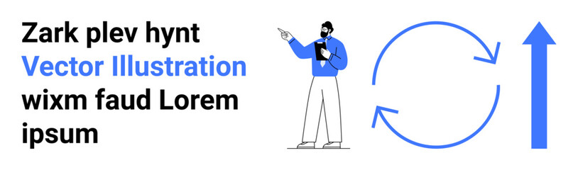 Analyst presenting cyclic growth diagram with arrows and upward trend, highlighting progress, sustainability, workflow optimization, leadership, change, presentation, ideal for simple landing page