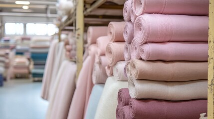 Stacked rolls of pastel fabric in a textile warehouse with organized shelves and soft lighting