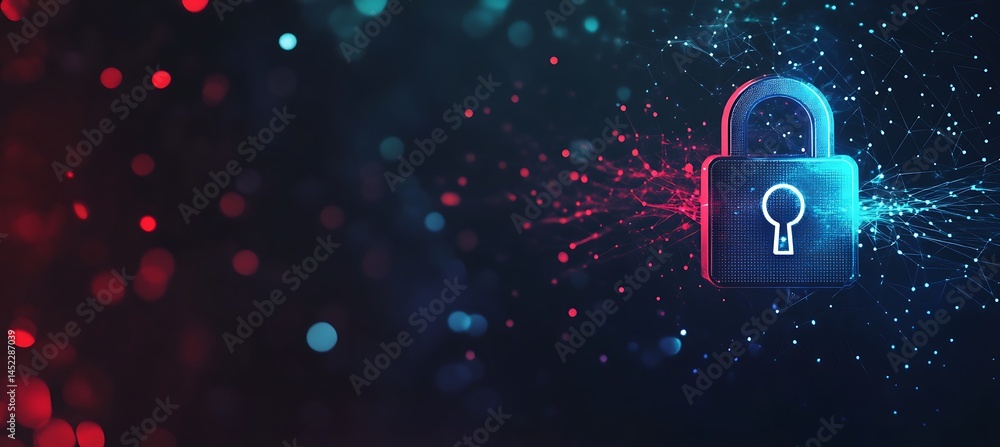 Poster dark banner featuring a holographic lock icon and emerging binary stream in a futuristic design.