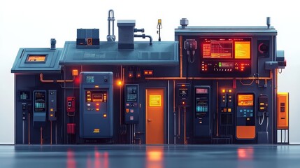 Industrial control room with glowing panels and machinery, showcasing advanced technology and design