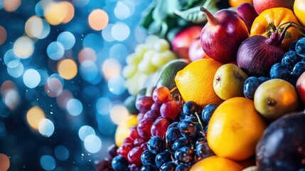 A vibrant assortment of fresh fruits including apples, grapes, and lemons against a colorful bokeh background