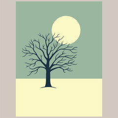 Minimalist Night Scene Bare Tree and Moon