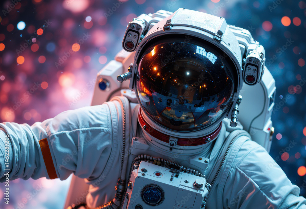 Poster an astronaut floating in space with a reflective helmet and vibrant background