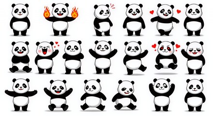 Collection of Adorable Pixelated Cartoon Pandas Exhibiting Various Emotions on Clean White Background Perfect for Decoration and Digital Art Projects