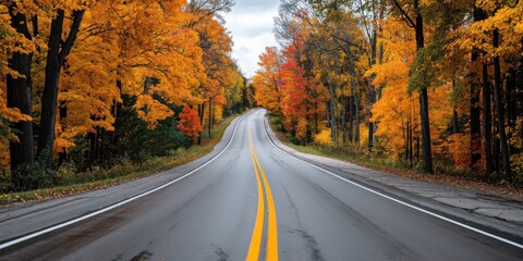 Fototapeta premium Serene Autumn Road View with Colorful Foliage and Overcast Sky in a Peaceful Landscape