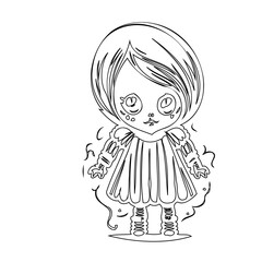 Stylized depiction of a whimsical doll character illustration in linear style