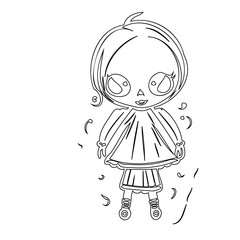 Whimsical line art illustration of a stylized girl character in motion