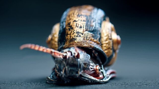 Cybernetic snail crawling forward?organic shell fused with wires, gears and glowing circuits.