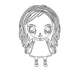 Stylized monochrome line art illustration of a whimsical doll figure portrait