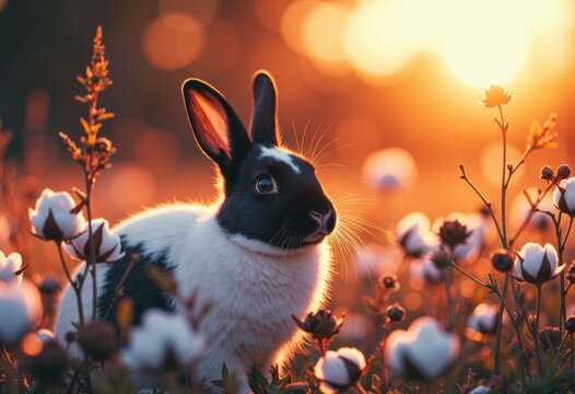 A black and white rabbit among blooming cotton flowers at sunset