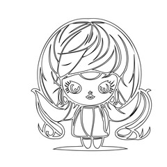 Whimsical line art of a cute girl character for coloring and creative designs