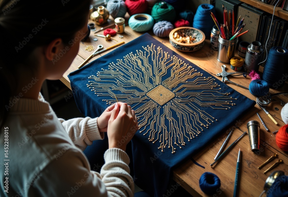 Aufkleber woman creating a circuit board design on fabric with colorful threads