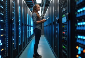 Woman analyzing data in a modern server room with illuminated servers