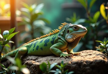 Fototapeta premium A vibrant green iguana resting on a rock surrounded by lush foliage