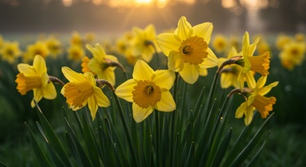 Yellow Daffodils in Morning Sunlight