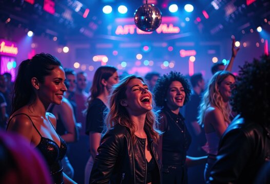 Joyful women dancing at a vibrant nightclub with colorful lights