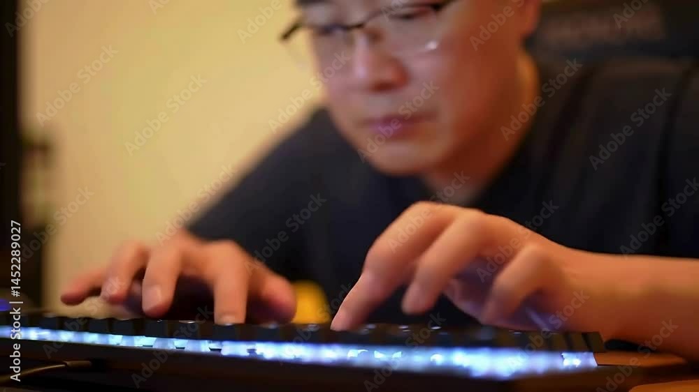 Poster macro close-up of hands typing on keyboard – soft focus dolly shot