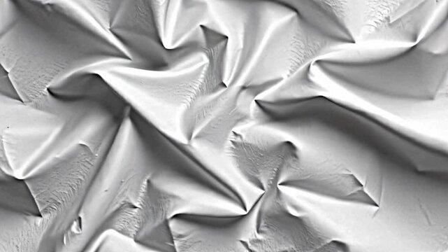 crumpled textured fabric intricate folds creases fabric appears light color predominantly white light gray arranged way that highlights three-dimensional form texture fabric detailed each crease.