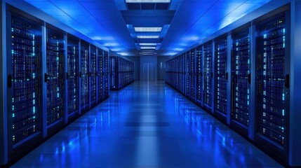 Futuristic server room with dynamic blue lighting and high tech equipment