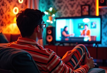 Obraz premium Young man watching television in a cozy, colorful living room