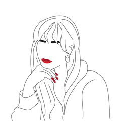 Elegant vector illustration of a woman. Minimalism, red accent. Perfect for branding, websites, social media, notebooks, posters, modern interiors. Stylish and versatile art. Vector