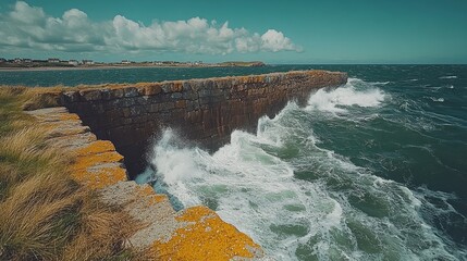 Waves crashing against a rugged coastal pier under a vibrant blue sky with scattered clouds