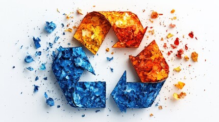 Colorful recycled paper forming a vibrant recycling symbol on a clean white background