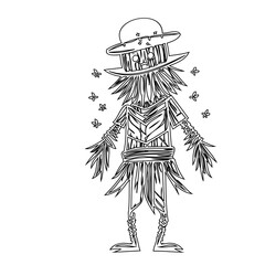 Whimsical outline illustration of a quirky scarecrow with flies buzzing around